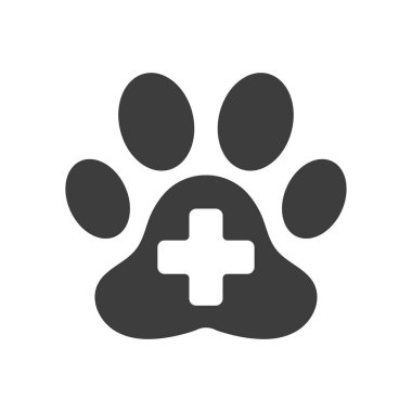 Evcil hayvanlar için ilk yardım rozeti. Köpek ya da kedi pençesi izi. Tıbbi haç sembolü. Görüntü