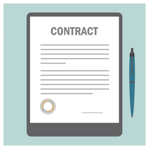 Contract signature icon. Document, folder with stamp, text and pen. Illustration