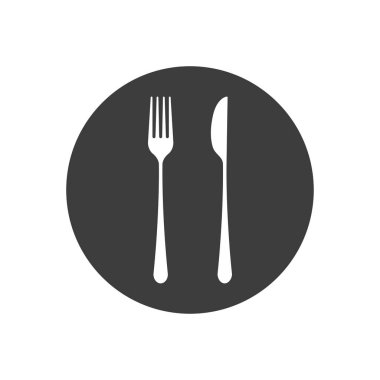 Bulaşıklar. Çatal, bıçak ve tabak ikonu, menü logosu, çatal bıçak takımı silueti. Vektör illüstrasyonu.