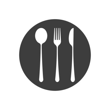 Bulaşıklar. Kaşık, çatal, bıçak ve tabak ikonu seti, menü logosu, çatal bıçak takımı silueti. Vektör illüstrasyonu.