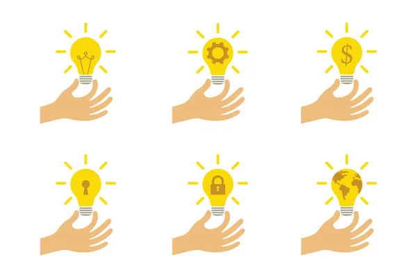 Hand Holds Light Bulb Business Idea Concept Set Icons — Stock Photo, Image