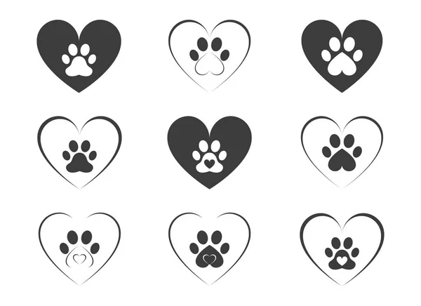Набор Иконок Лап Животных Иллюстрация Сердец Символизирующих Любовь Животным Векторная — стоковое фото