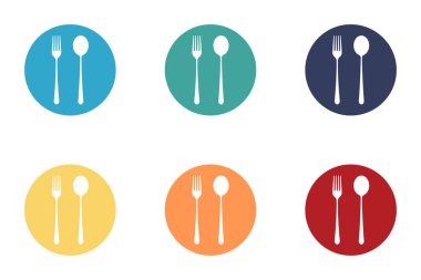 Bulaşıklar. Kaşık, çatal ve tabak simgeleri, menü logosu, çatal bıçak takımı silueti. Vektör illüstrasyonu.