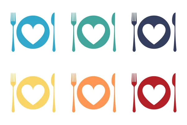料理だ アイコンセット フォーク スプーン プレート メニューロゴ カトラリーシルエット 食べ物への愛 — ストック写真