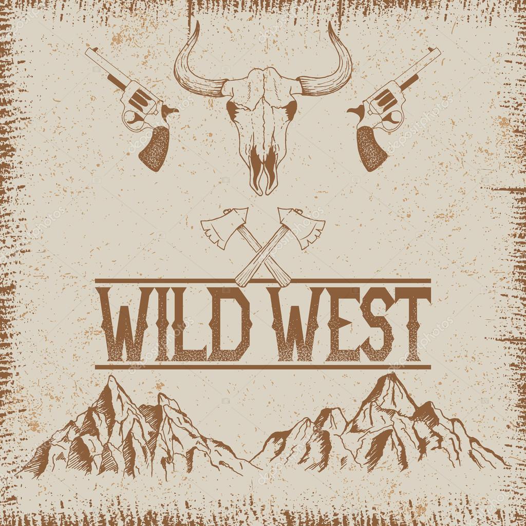Western vintage poster with skull of bull and mountains.Typography design for t-shirts