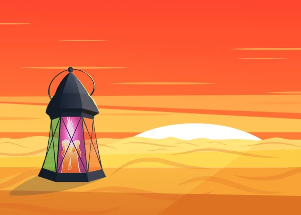 Leuchtende Laterne steht bei Sonnenaufgang in der Wüste — Stockvektor