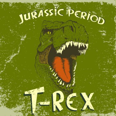 Vintage label with angry face of tyrannosaurus clipart