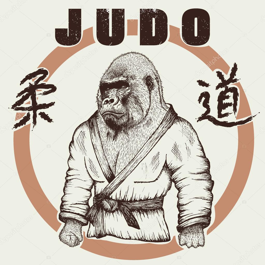 Judoka gorilla dressed in kimono. Hand drawn style.Label for judo.Japanese writing