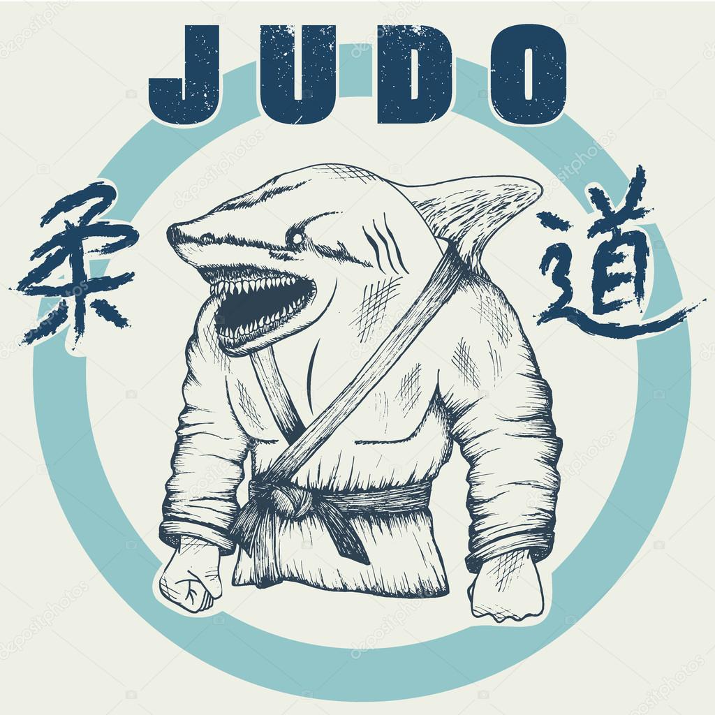 Shark practicing judo. Hand drawn style.Vector label for judo design