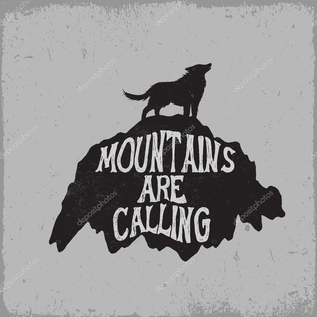 Old label.Wolf howling on mountain.Typography vector design