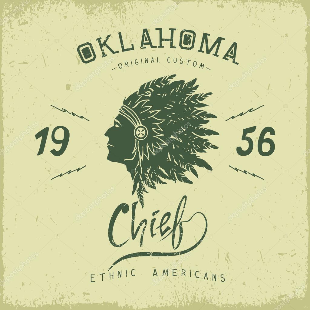 Old label with indian chief head in profile.Prints design for t-shirts