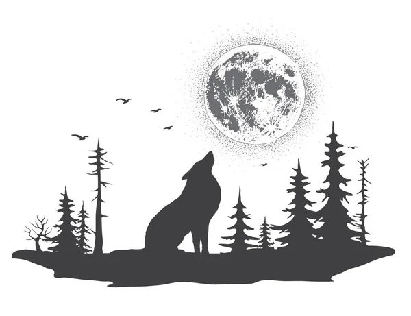 Lobo solitario aullando a la luna — Vector de stock