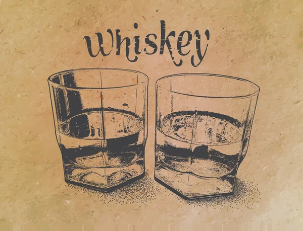 Whisky en vasos sobre fondo de papel. estilo grabado — Vector de stock