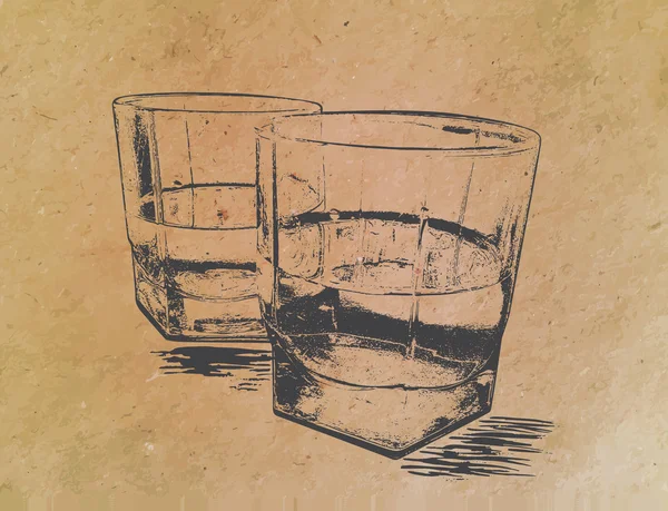 Whiskey em óculos sobre fundo de papel. estilo gravado —  Vetores de Stock