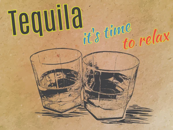 Tequila in glazen op papier achtergrond. gegraveerde stijl — Stockvector