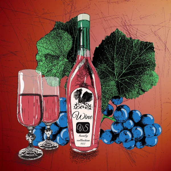 Dva pohárky s lahví vína a vinné révy vinné hrozny — Stockový vektor