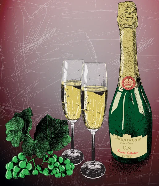Champagne, glazen en druiven van de wijnstok — Stockvector