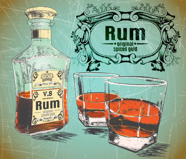 Rhum a été versé dans deux verres avec bouteille sur fond minable — Image vectorielle