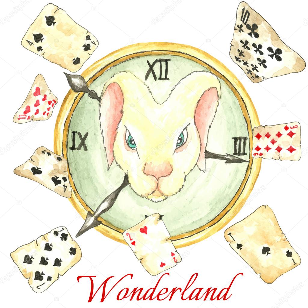 White rabbit on the clock and old playing cards