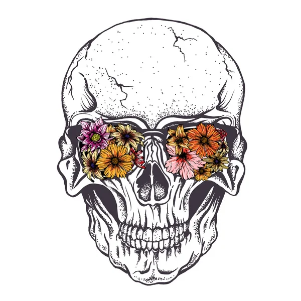 Crâne d'humain avec des fleurs sur les lunettes — Image vectorielle