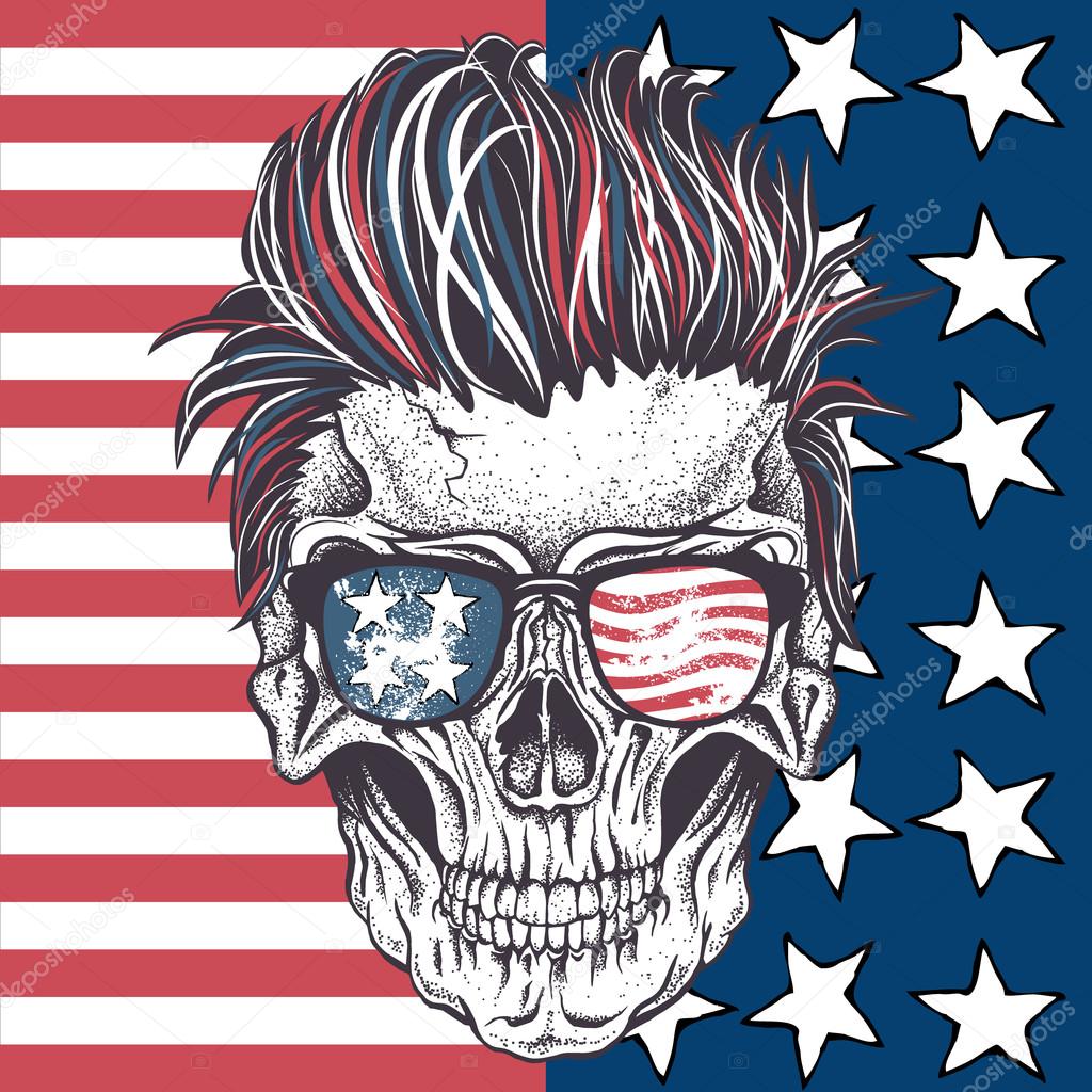 Skull of human with sunglasses on the abstract USA flag.Vector illustration
