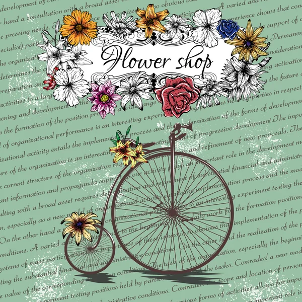 Vintage poster voor bloem winkel ontwerp met oude fiets — Stockvector