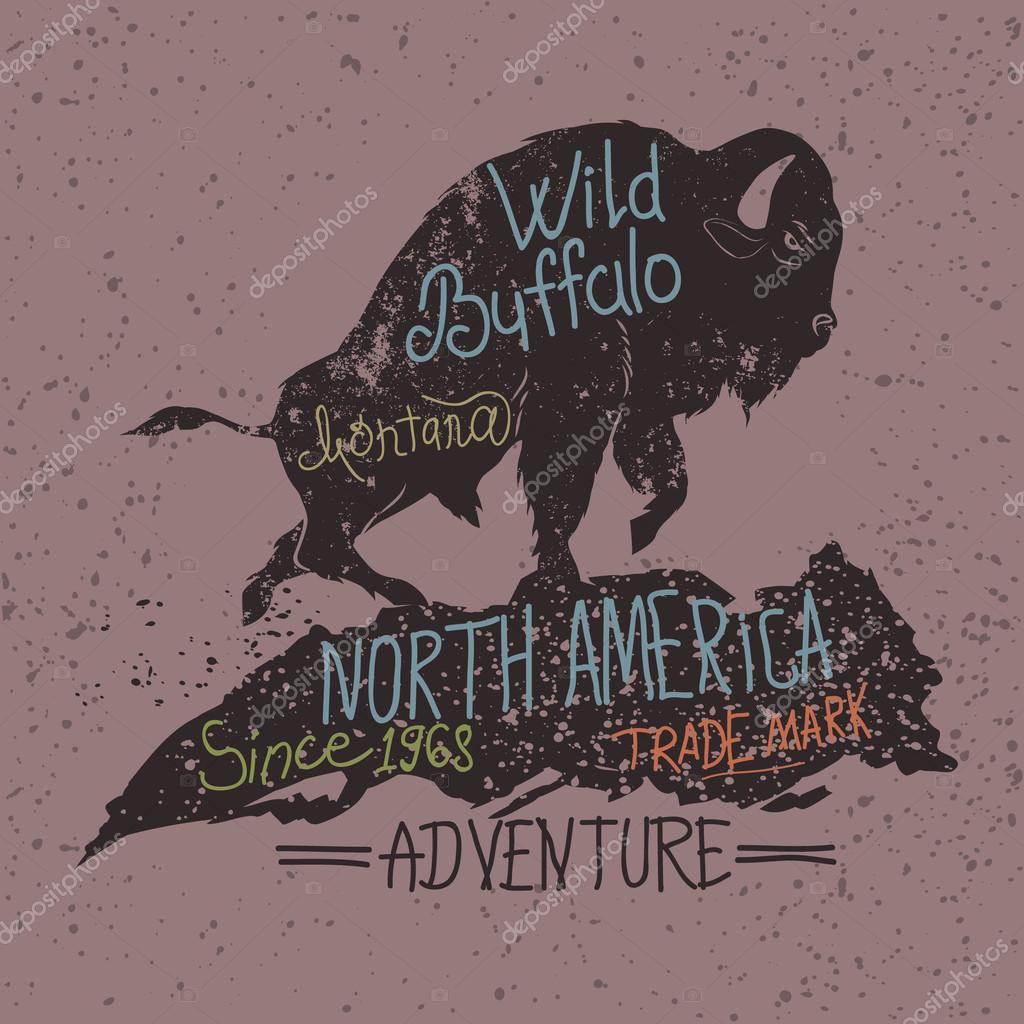 Vintage label of  the wild buffalo .Grunge effect