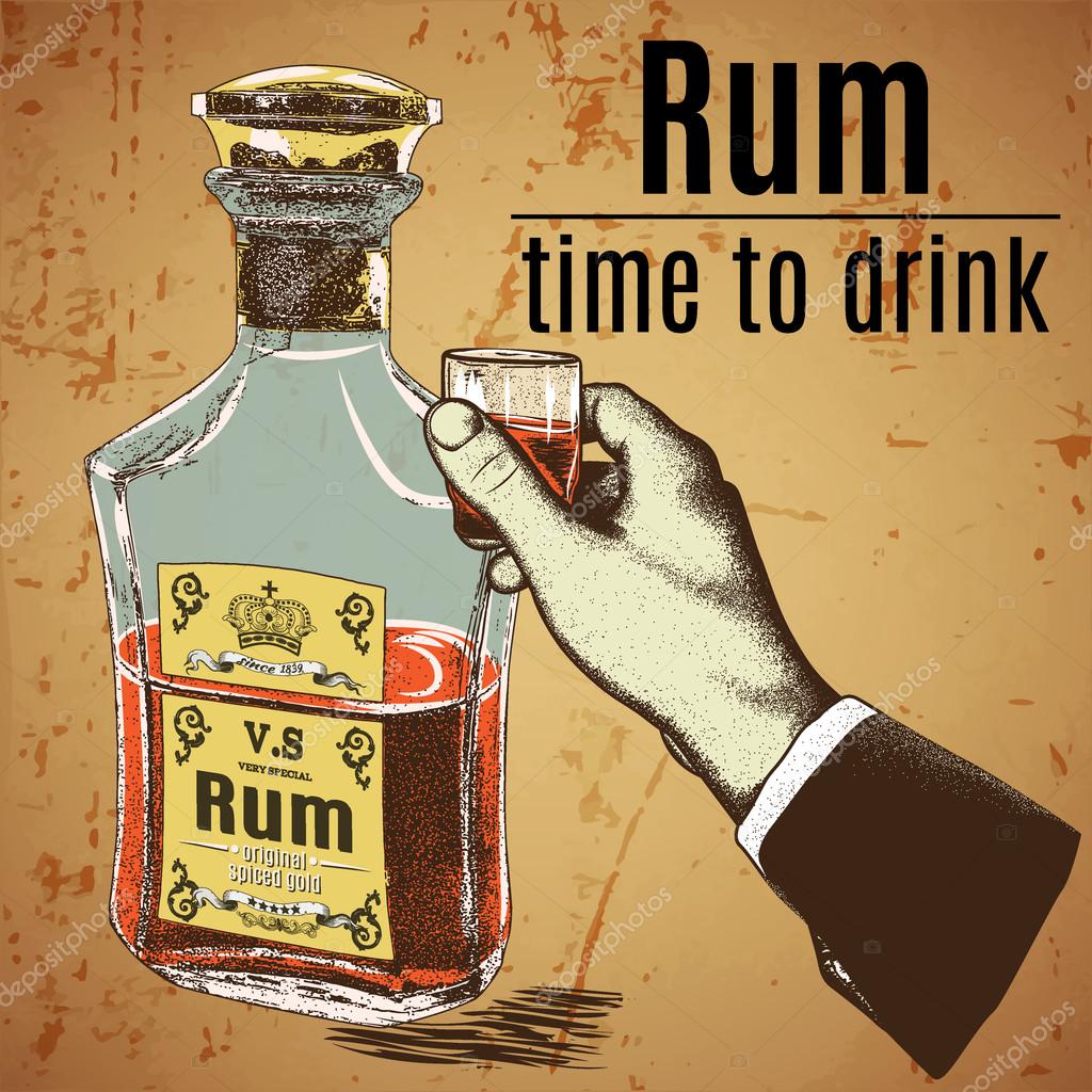 Hand holding a glass of tipple.Bootle stand near the hand.Vector illustration