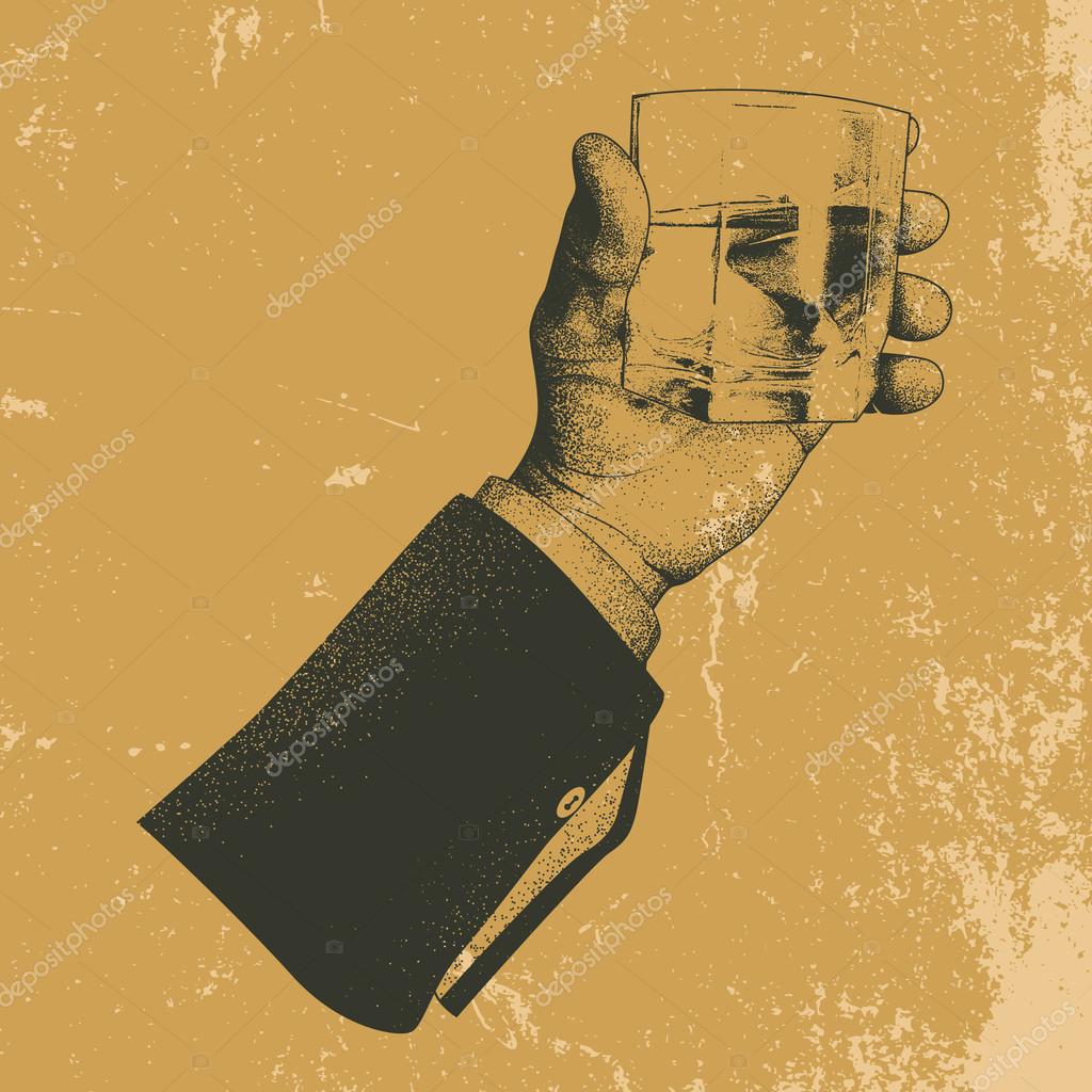 Hand holding a glass of tipple .Grunge effect.Vintage label
