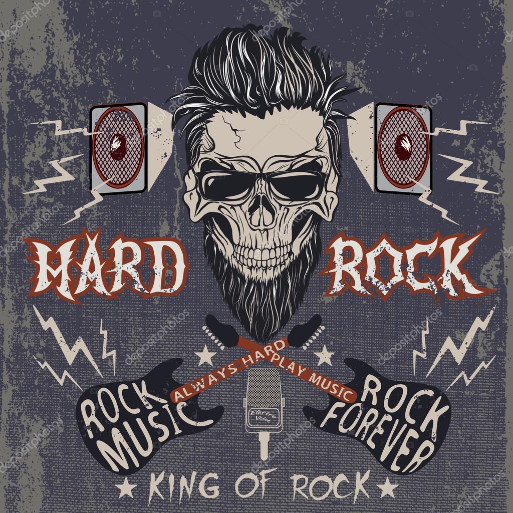 Vintage label with skull,text -Hard Rock,electric guitars,loudspeakers .Grunge effect