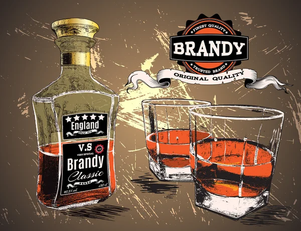 Brandy was giet in twee glazen met fles — Stockvector