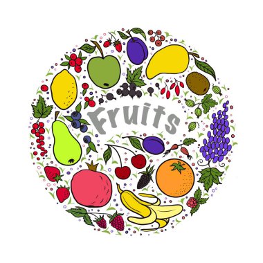 Beyaz arkaplan üzerinde bir çemberde farklı renkte meyveler dizisi.