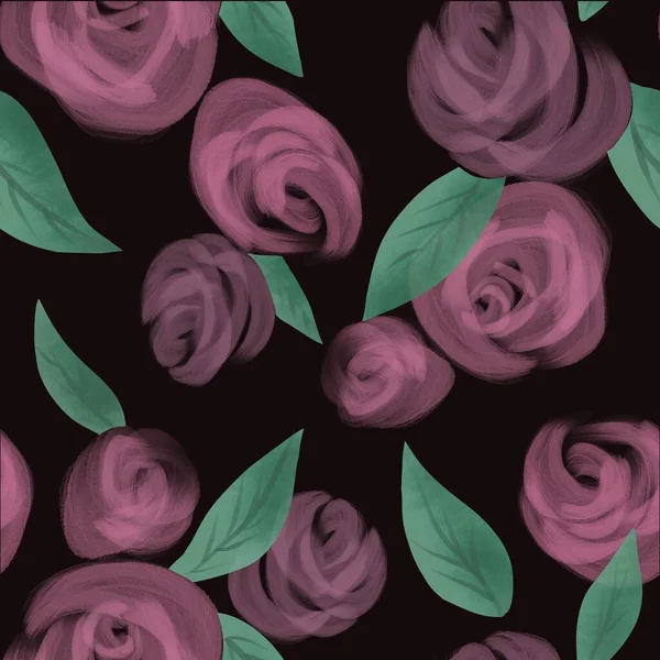 Seamless Pattern Stylized Roses Leaves Black Background — Stock Photo, Image