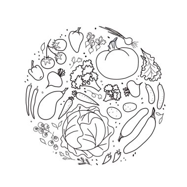 Kullanışlı sebzeler, daire şeklinde siyah beyaz çizimler.