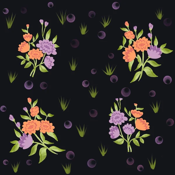 Seamless Multicolored Floral Pattern Black Background — Stock Photo, Image