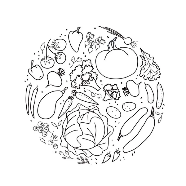 Kullanışlı sebzeler, daire şeklinde siyah beyaz çizimler.