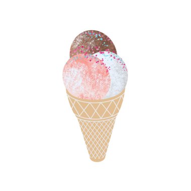Beyaz arka planda sıçramış dondurma görüntüsü. Bir külahta üç kepçe dondurma.