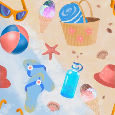 Plaj aksesuarlarıyla kusursuz, uçsuz bucaksız bir düzen. Yaz tatili, deniz sahilinde ihtiyacın olan her şey. Sıcak yaz konsepti.