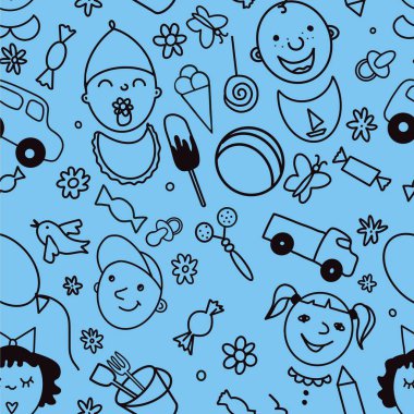 Neşeli çocuklar, oyuncaklar, şekerler. Mavi tonlardaki kusursuz desen, elle çizilen grafik 
