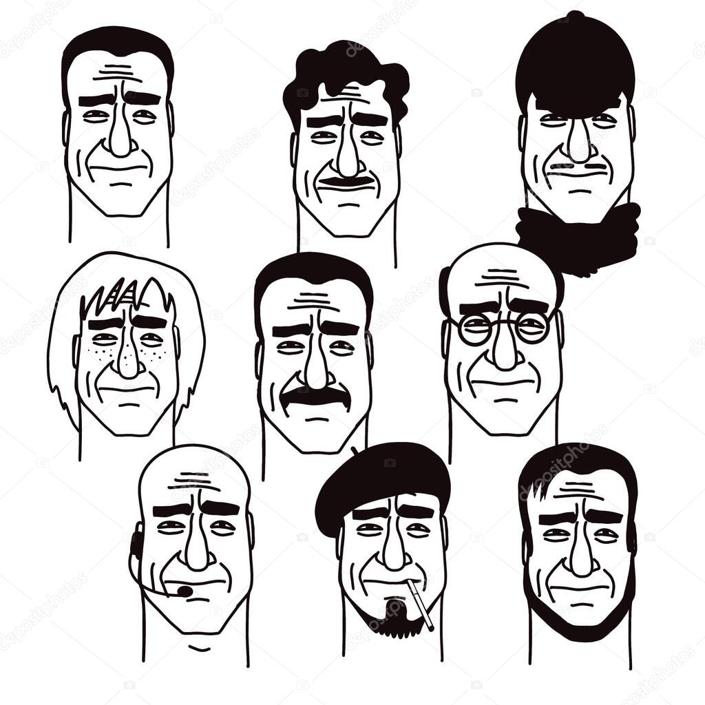 A set of pictures with a stylized character. A portrait of the same man with different hairstyles and accessories. How a person's appearance changes when details change.