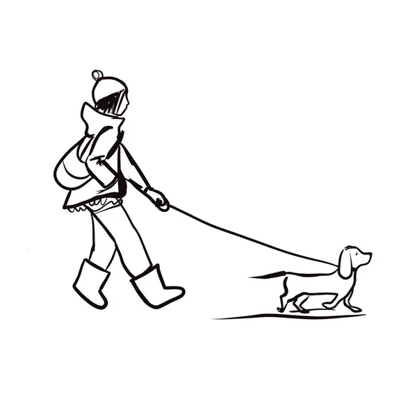 Sketch Walking Girl Dog Quick Freehand Drawing — Stock Photo, Image