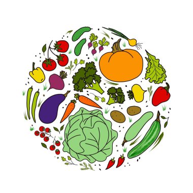 Çemberin içinde arka planı olmayan farklı renkte sebzeler.