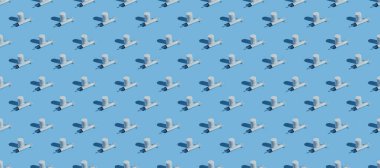 Banner. Haplar, mavi tıbbi geçmişi olan bir kateter için şırınga. Yakın çekim, üst manzara. Tıbbi şırınga, vitaminli tüp, desen