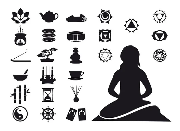 Set Icone Meditazione Una Donna Che Medita Con Segni Chakra — Vettoriale Stock