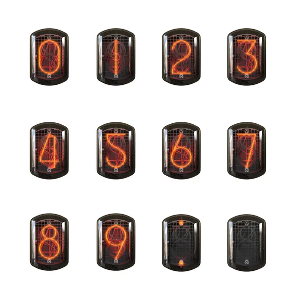 Nixie clock numbers set. Cathode digit in a little glass dome vector illustration. — Stock Photo, Image