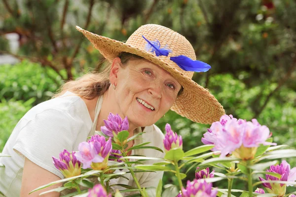 Femme âgée derrière rhododendrons — Photo