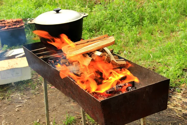 Pot on the fire grill — Stock Photo, Image