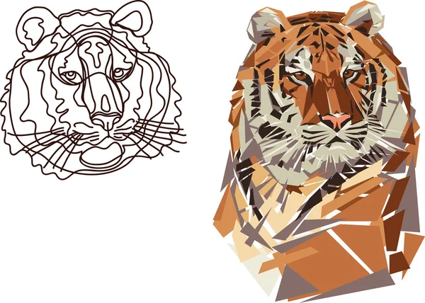 Тигр, портрет, чёрный, цветной, стилизованный, линия, рисунок линии, геометрический узор — стоковый вектор