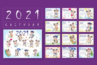 2021 yılının öküz takvimi. Komik siyah ve beyaz benekli inekler eğleniyor ve dinleniyor. Takvim veya planlayıcı için çizgi film vektör şablonu.