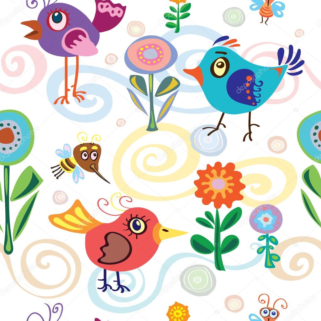 Birds, summer, spring pattern with birds, bees and butterflies